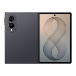 Smartfon z dużym ekranem, na którym widoczna jest liczba 8. Obok znajduje się część z dwoma aparatami fotograficznymi.