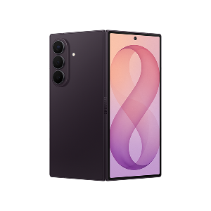 Smartfon w kolorze fioletowym z dużym, składanym ekranem wyświetlającym grafikę z cyfrą 8. Na tylnej obudowie widoczne są trzy obiektywy aparatu.