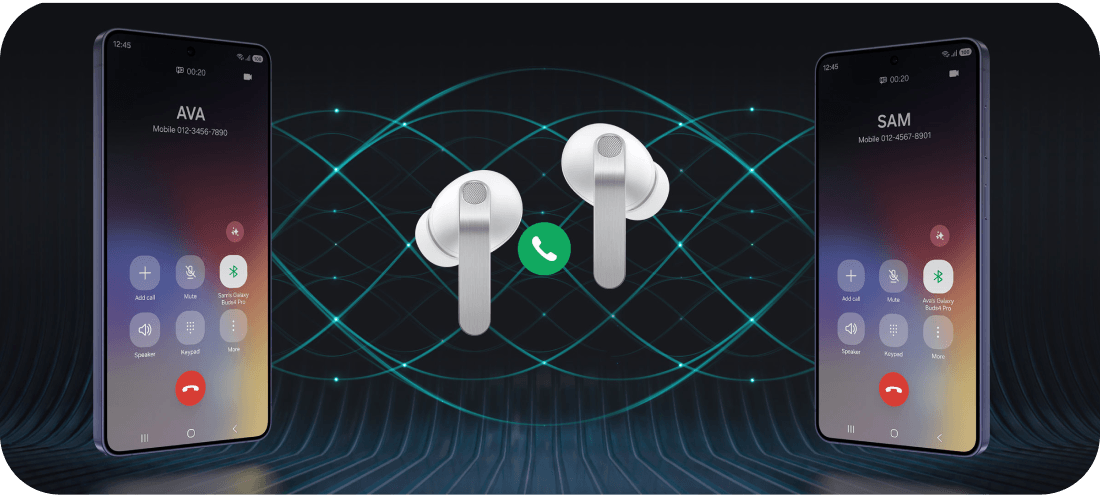 Galaxy Buds 4 Pro między dwoma telefonami podczas połączeń głosowych. Obraz przedstawia dwa smartfony z ekranami wyświetlającymi interfejs połączenia telefonicznego oraz parę białych słuchawek bezprzewodowych pomiędzy nimi. Na ekranach widoczne są imiona \'AVA\' i \'SAM\' oraz ikony związane z połączeniem, takie jak głośnik, wyciszenie i zakończenie rozmowy.