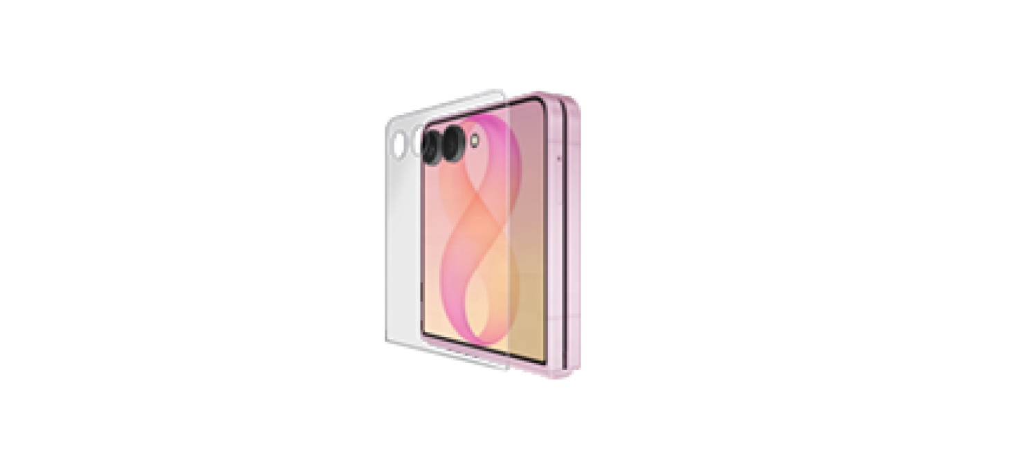 Galaxy Z Flip8 z warstwami ochronnymi ekranu, zaprojektowanymi dla większej trwałości. Smartfon w kolorze różowym z trzema aparatami z tyłu i wyświetlaczem z gradientowym wzorem w odcieniach różu i pomarańczu.