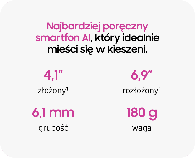 Grafika przedstawia tekst: \'Najbardziej poręczny smartfon AI, który idealnie mieści się w kieszeni.\' oraz specyfikacje: \'4,1\