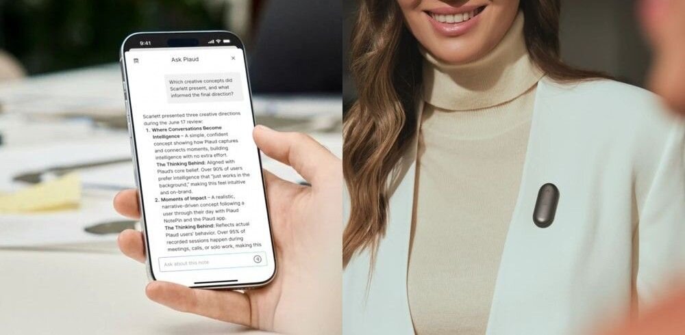 Dyktafon AI PLAUD NotePin S transkrypcja rozmów raporty asystent AI, dyktafon przypiety do ubrania