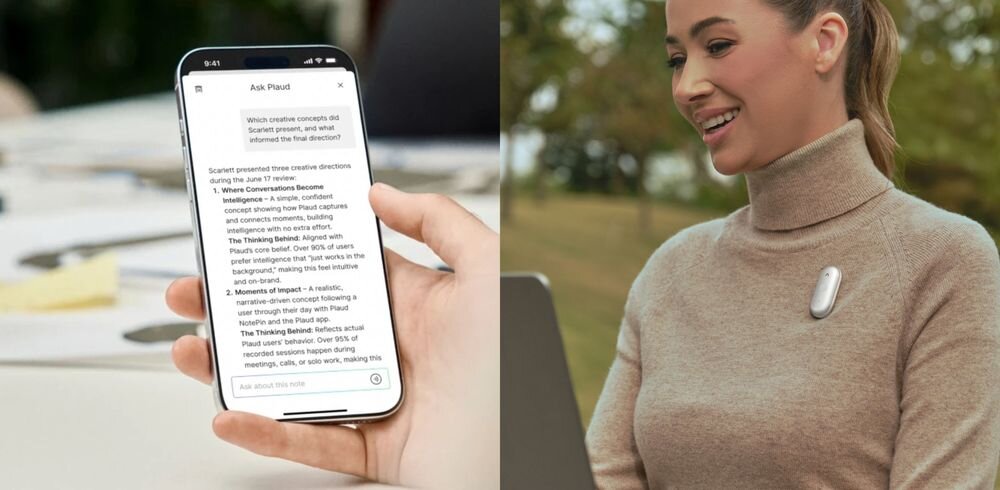 Dyktafon AI PLAUD NotePin S transkrypcja rozmów raporty asystent AI, dyktafon przypiety do ubrania