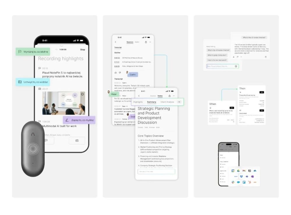 Dyktafon AI PLAUD NotePin S aplikacja iOS Android Word PDF Starter 300 minut, smartfon z dyktafonem na jasnym tle
