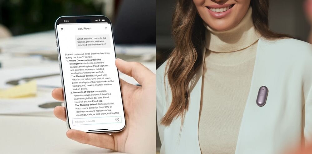 Dyktafon AI PLAUD NotePin S transkrypcja rozmów raporty asystent AI, dyktafon przypiety do ubrania