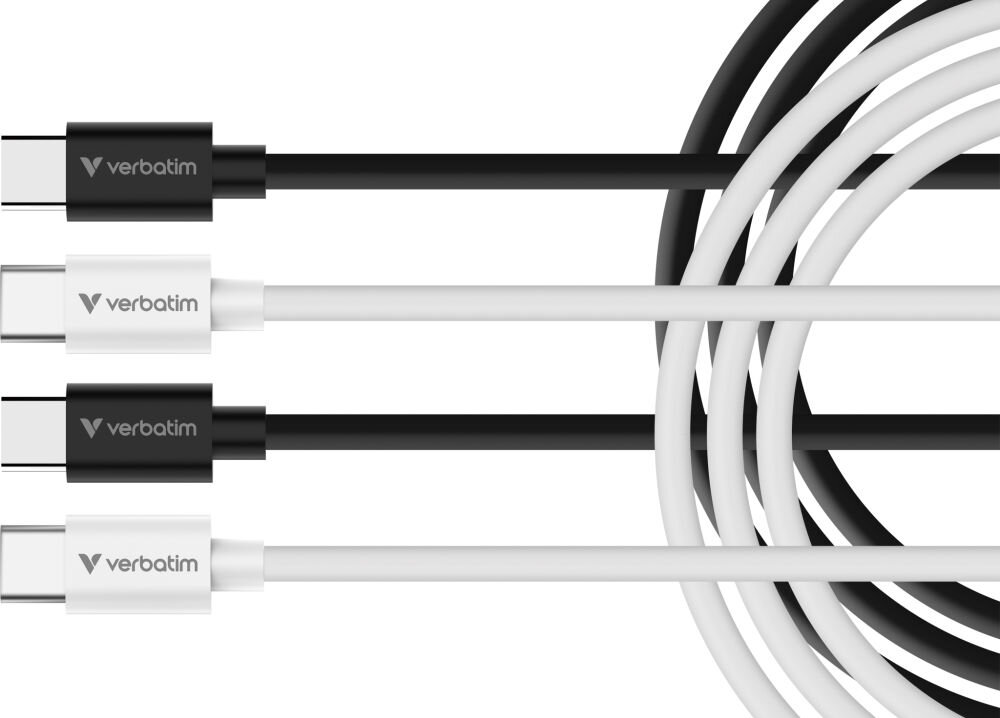 Na obrazie widoczne są cztery kable USB-C w kolorach czarnym i białym, z logo \'verbatim\' na końcówkach. Kable są ułożone równolegle, dwa czarne i dwa białe.