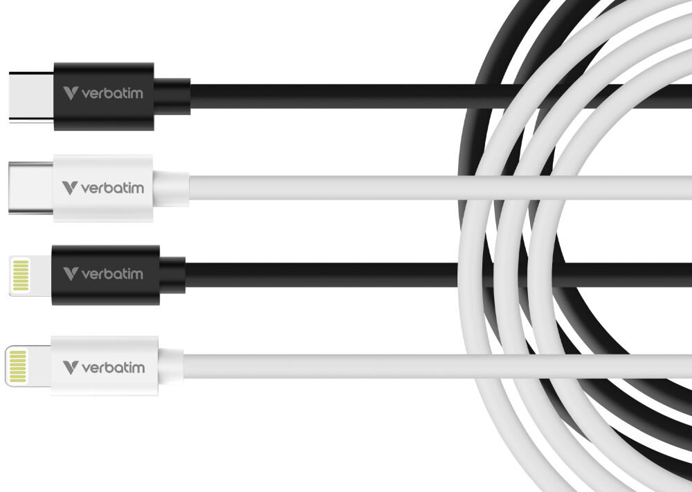 Na obrazie widoczne są cztery kable USB-C do Lightning w kolorach czarnym i białym, z logo \'verbatim\' na złączach.
