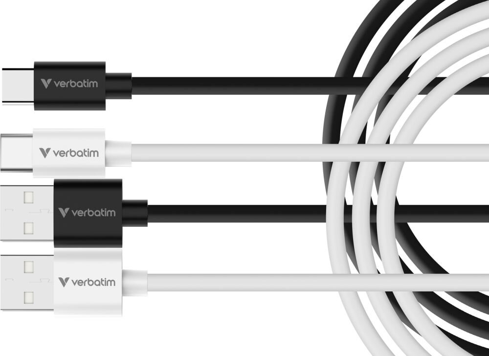 Na obrazie widoczne są dwa kable USB-A do USB-C w kolorach czarnym i białym, z logo \'verbatim\' na końcówkach. Kable są splecione i ułożone równolegle.