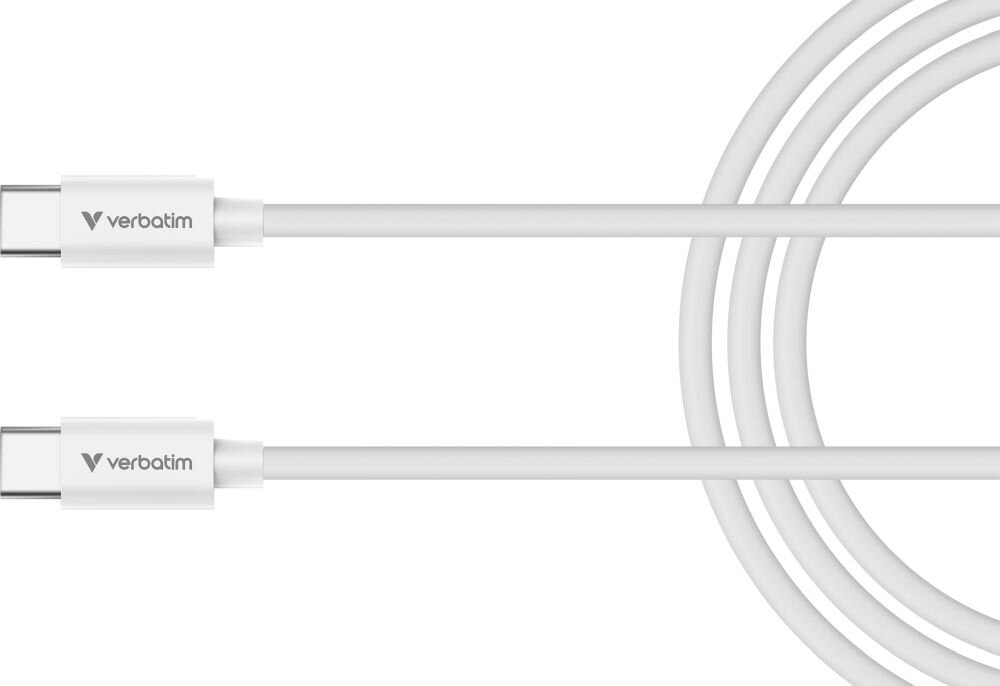 Biały kabel USB-C do USB-C z logo \'verbatim\' na obu końcówkach. Kabel jest zwinięty w okrągły kształt.
