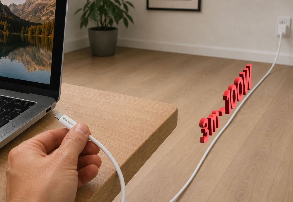 Osoba trzyma biały kabel USB-C z logo \'Verbatim\', podłączony do laptopa na drewnianym stole. Na podłodze widoczny jest napis \'3m - 100W\'.