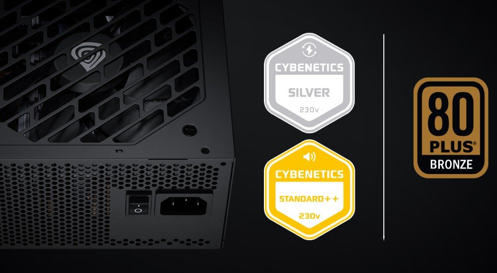 Zasilacz GENESIS Nihon Fragment zasilacza komputerowego oraz trzy certyfikaty efektywności energetycznej: Cybenetics Silver, Cybenetics Standard++ oraz 80 Plus Bronze, moc, certyfikaty, sprawność
