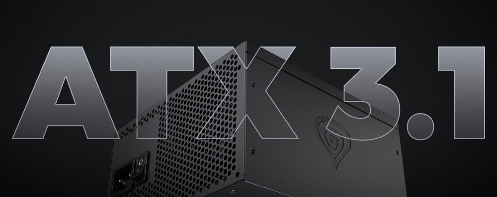 Zasilacz GENESIS Nihon Zasilacz stacjonarny widziany pod kątem z dużym, przezroczystym napisem 'ATX 3.1' na pierwszym planie, standard, linia 12 V