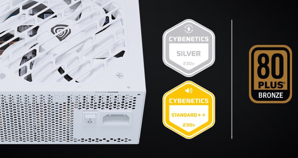 Zasilacz GENESIS Nihon Fragment zasilacza komputerowego oraz trzy certyfikaty efektywności energetycznej: Cybenetics Silver, Cybenetics Standard++ oraz 80 Plus Bronze, moc, certyfikaty, sprawność