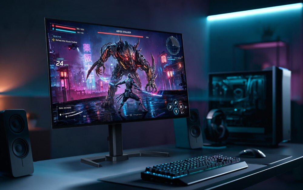 Monitor IIYAMA G-Master Titan Falcon GOB2701QSC-B1 Monitor na biurku z włączoną grą akcji przedstawiającą postać walczącą z potworem w futurystycznym mieście Obok stoją głośniki, klawiatura, mysz oraz komputer