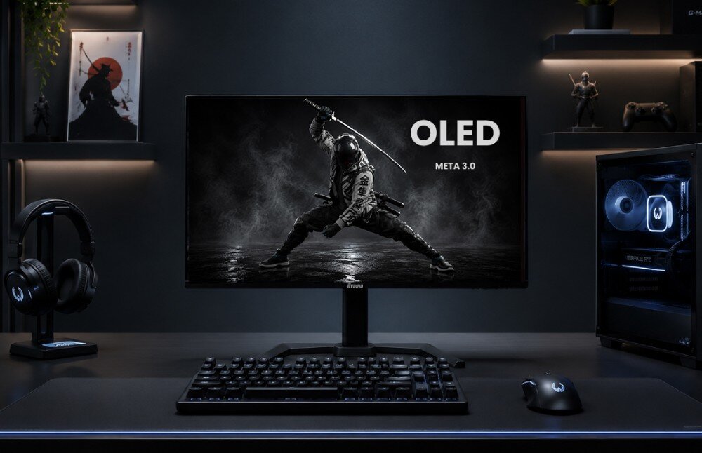 Monitor IIYAMA G-Master Titan Falcon GOB2701QSC-B1 Monitor stoi na biurku na wprost Obraz na ekranie przedstawia postać z mieczem oraz duży napis 'OLED META 3.0' Wokół leżą akcesoria komputerowe