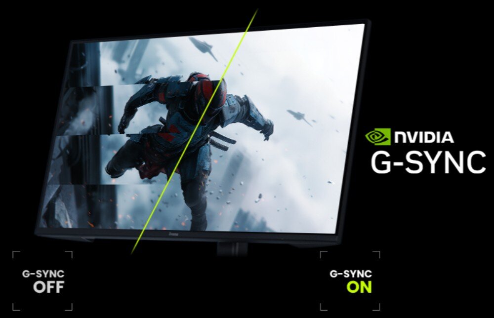 Monitor IIYAMA G-Master Titan Falcon GOB2701QSC-B1 Ekran monitora podzielony na dwie części Pokazano różnicę między wyłączoną a włączoną funkcją 'G-SYNC' na przykładzie płynności obrazu z postacią w ruchu