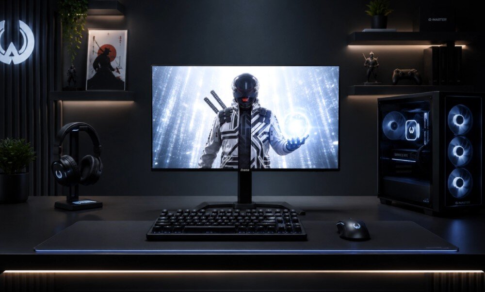 Monitor IIYAMA G-Master Titan Falcon GOB2701QSC-B1 Monitor na środku biurka w ciemnym pokoju Na ekranie widać postać w futurystycznym stroju ze świecącą kulą Na biurku znajdują się słuchawki, klawiatura i komputer