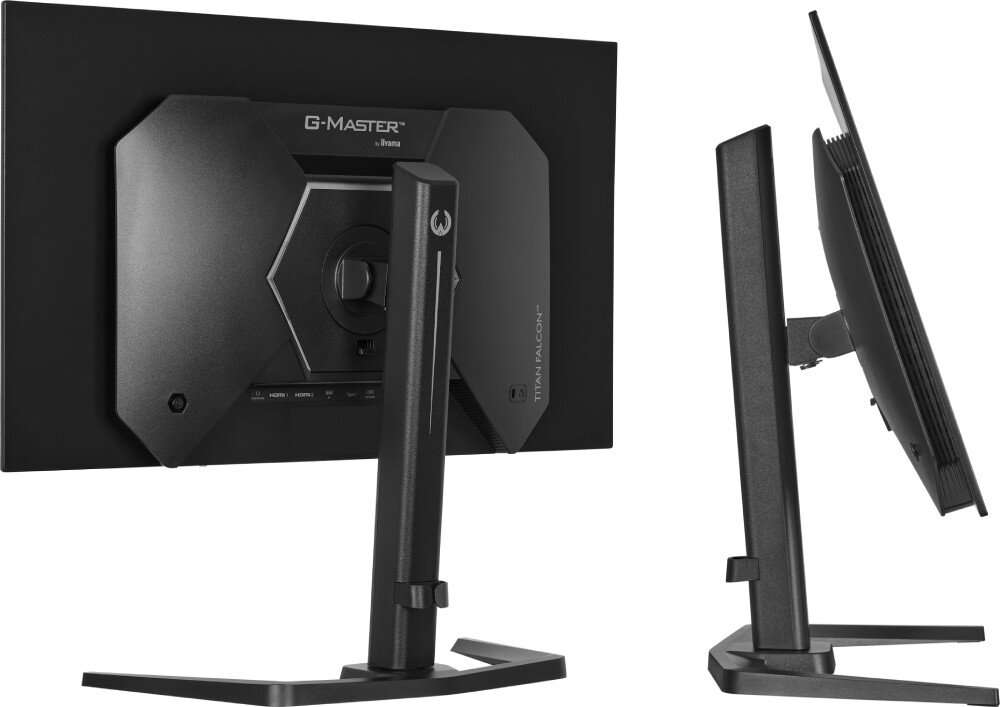 Monitor IIYAMA G-Master Titan Falcon GOB2701QSC-B1 Dwa ujęcia obudowy monitora Po lewej widok z tyłu na podłączenia i obudowę, po prawej widok z boku pokazujący profil ekranu oraz regulację nachylenia