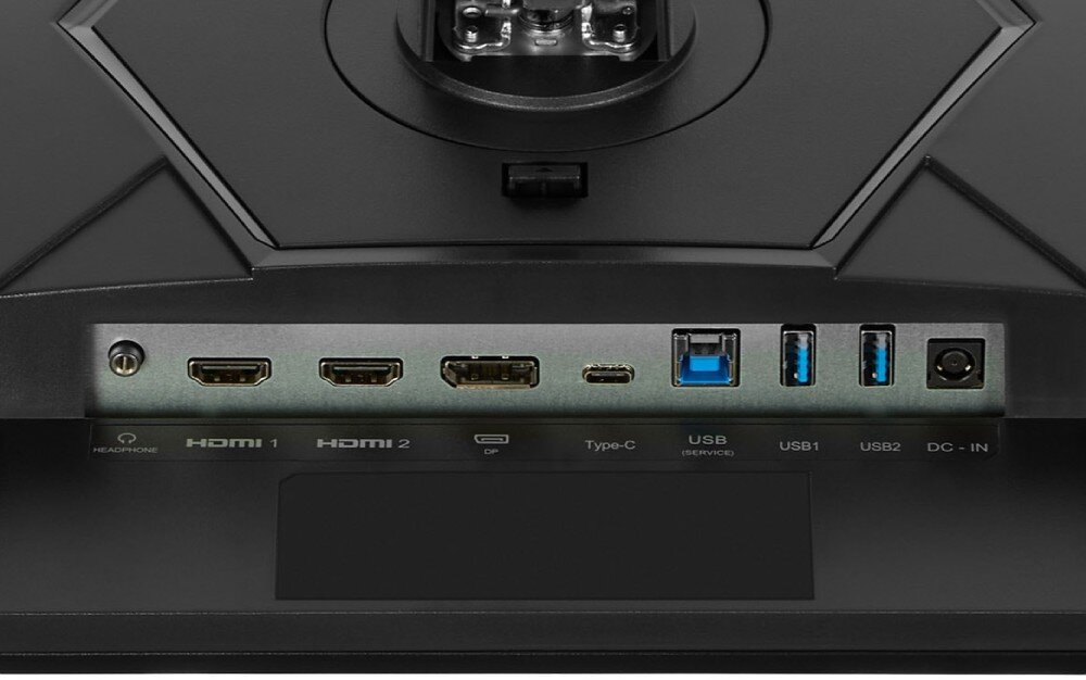 Monitor IIYAMA G-Master Titan Falcon GOB2701QSC-B1 Zbliżenie na panel portów w obudowie Widoczne gniazda 'HEADPHONE', 'HDMI 1', 'HDMI 2', 'DP', 'Type-C', 'USB (SERVICE)', dwa porty 'USB' oraz złącze 'DC - IN'