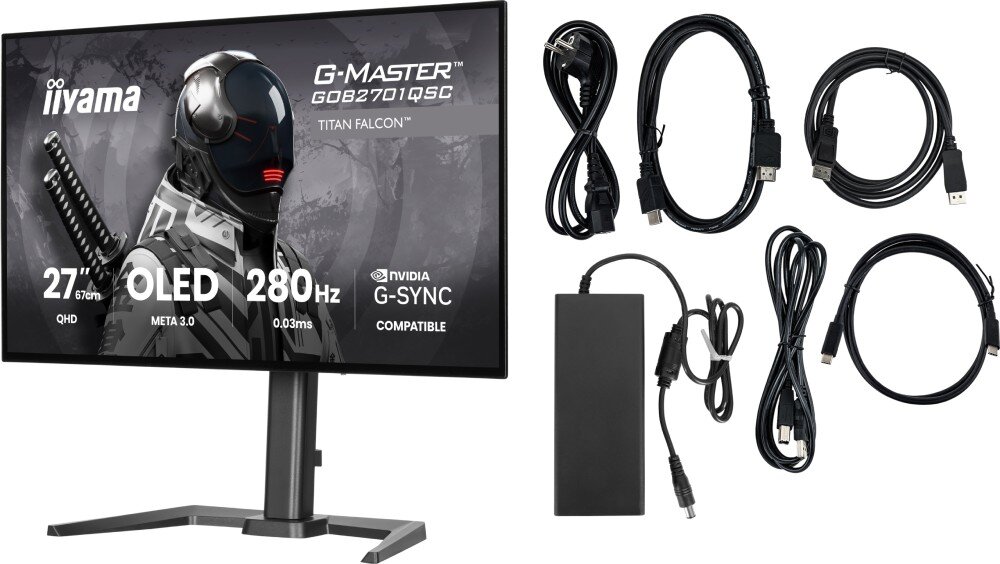 Monitor IIYAMA G-Master Titan Falcon GOB2701QSC-B1 Monitor ze specyfikacją na ekranie pokazany obok zasilacza i pięciu zwiniętych przewodów połączeniowych do komputera