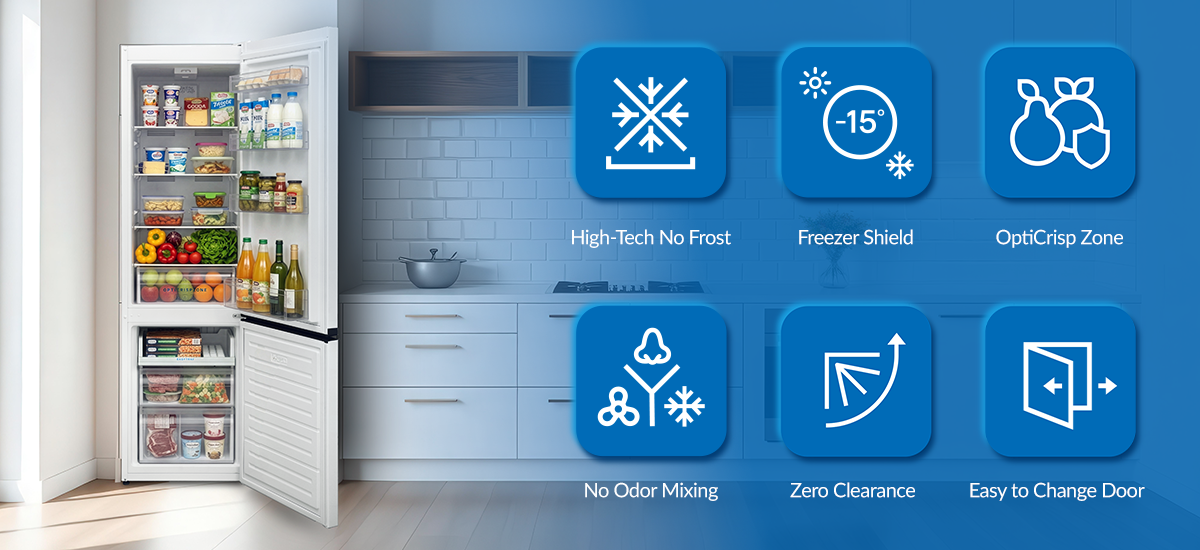 LODÓWKA DAEWOO CKM0289EWEA0-EU Infografika prezentuje funkcje lodówki, m.in. High‑Tech No Frost, Freezer Shield, OptiCrispZone, No Odor Mixing i Zero Clearance High-Tech No Frost Freezer Shield OptiCrisp Zone No Odor Mixing Zero Clearance zmiana kierunku drzwi