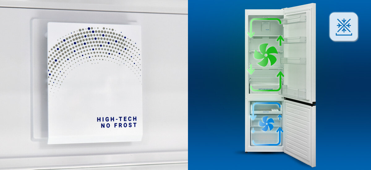 LODÓWKA DAEWOO CKM0289EWEA0-EU Technologia High‑Tech No Frost zapewnia równomierną cyrkulację chłodnego powietrza. Ogranicza powstawanie szronu we wnętrzu urządzenia High-Tech No Frost brak szronu równomierne chłodzenie bez rozmrażania