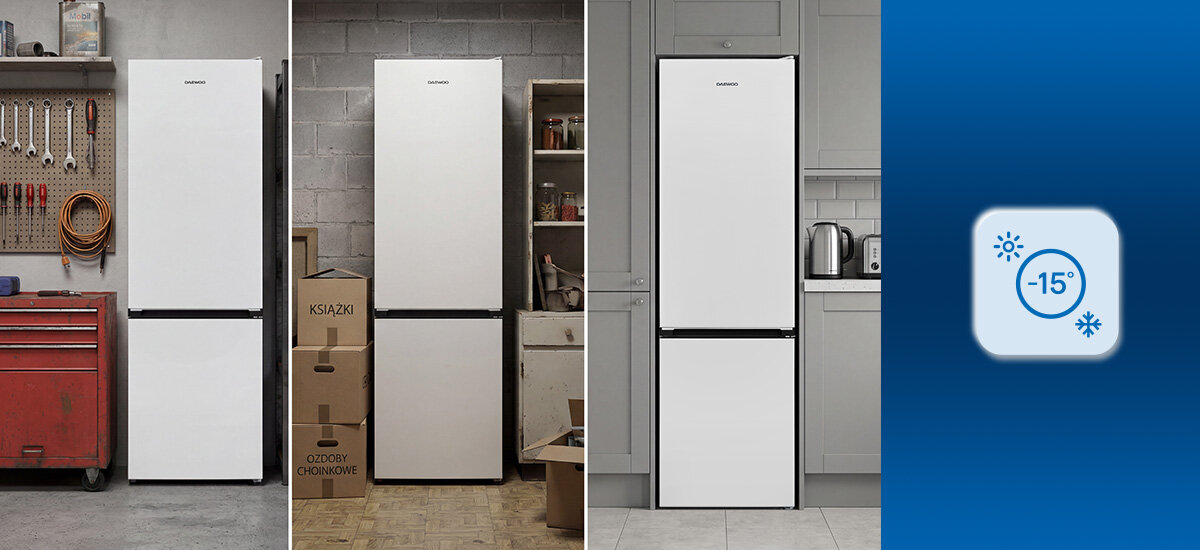 LODÓWKA DAEWOO CKM0289EWEA0-EU Grafika przedstawia funkcję Freezer Shield, która pozwala na pracę lodówki również w niższych temperaturach otoczenia. Urządzenie pokazano w różnych przestrzeniach, m.in. kuchni i garażu Freezer Shield praca w niskich temperaturach ochrona mrożonek stabilne chłodzenie