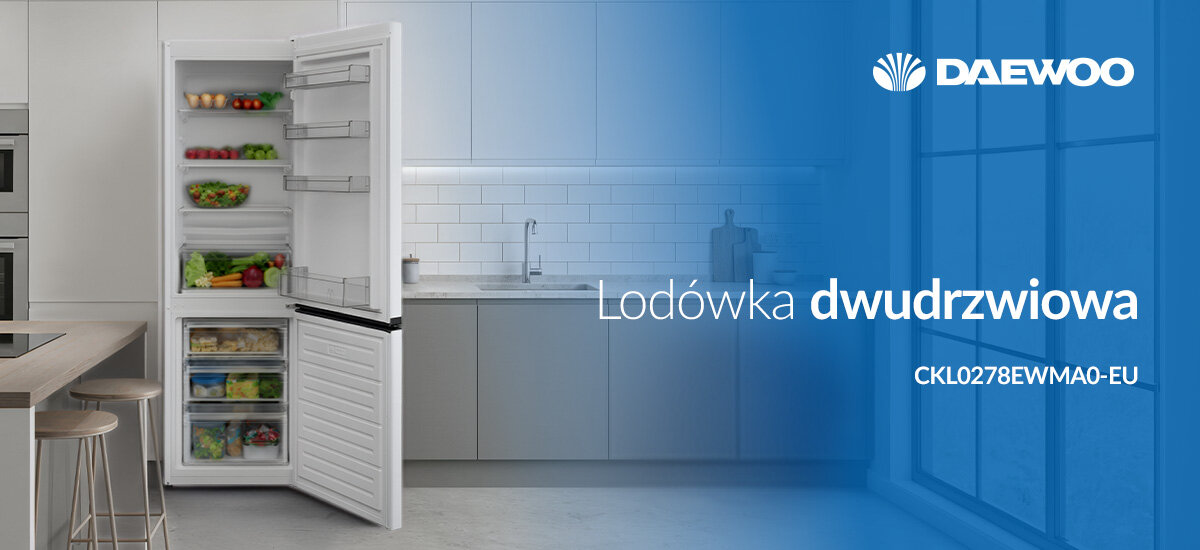 LODÓWKA DAEWOO CKL0278EWMA0-EU Dwudrzwiowa lodówka Daewoo z chłodziarką u góry i zamrażarką na dole. Otwarta konstrukcja pokazuje pojemne wnętrze