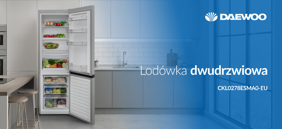 LODÓWKA DAEWOO CKL0278ESMA0-EU Dwudrzwiowa lodówka Daewoo z chłodziarką u góry i zamrażarką na dole. Otwarta konstrukcja pokazuje pojemne wnętrze