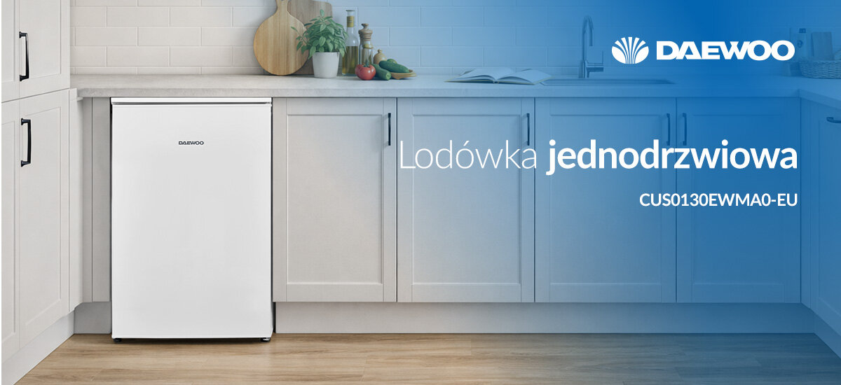 LODÓWKA DAEWOO CUS0130EWMA0-EU Jednodrzwiowa lodówka Daewoo ustawiona w jasnej zabudowie kuchennej. Kompaktowy model do mniejszych przestrzeni
