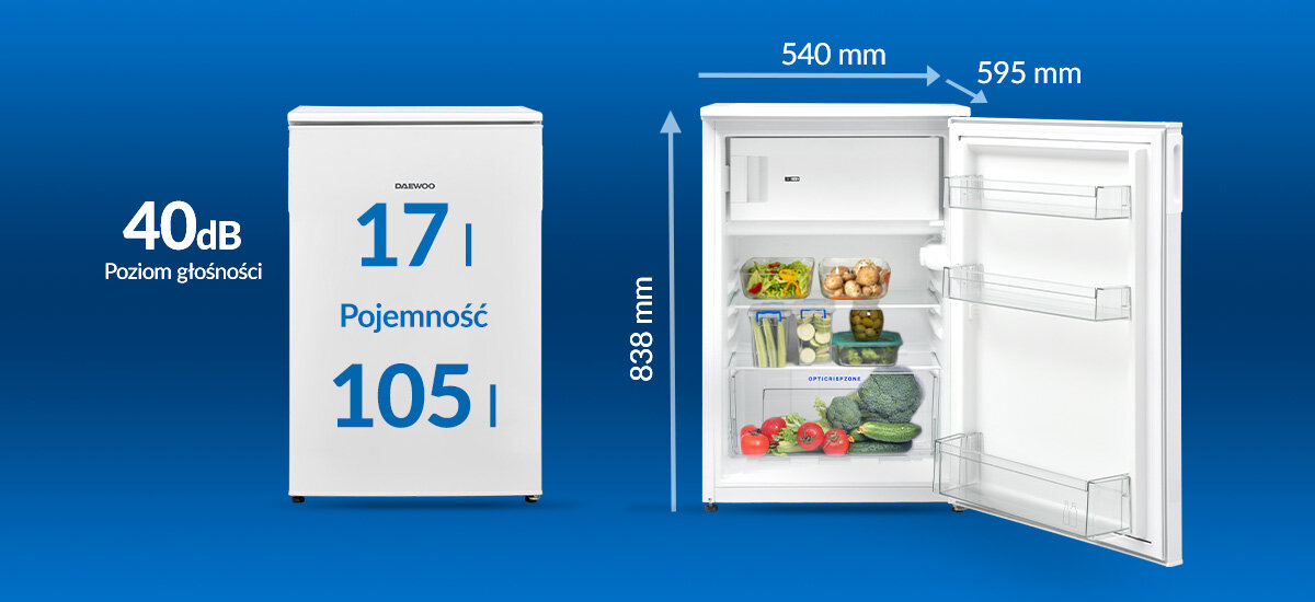 LODÓWKA DAEWOO CUS0130EWMA0-EU Lodówka Daewoo o pojemności 105 l i poziomie hałasu 40 dB. Grafika prezentuje także wymiary urządzenia lodówka 122 l chłodziarka 105 l komora zamrażania 17 l kompaktowe wymiary