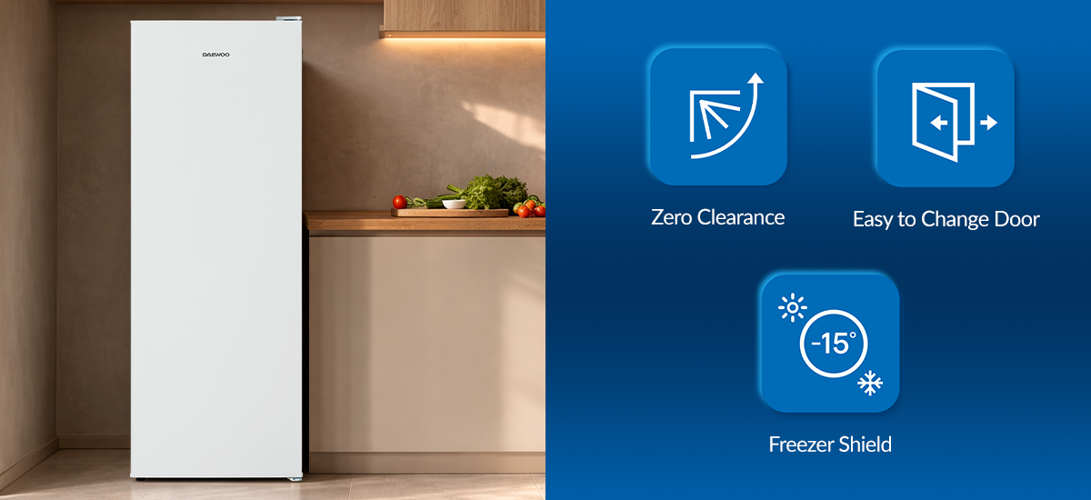 ZAMRAŻARKA DAEWOO CFS2451EWMA0-EU Zamrażarka Daewoo z grafiką prezentującą funkcje Zero Clearance, Easy to Change Door i Freezer Shield. Pokaz najważniejszych cech urządzenia Freezer Shield Zero Clearance odwracalne drzwi