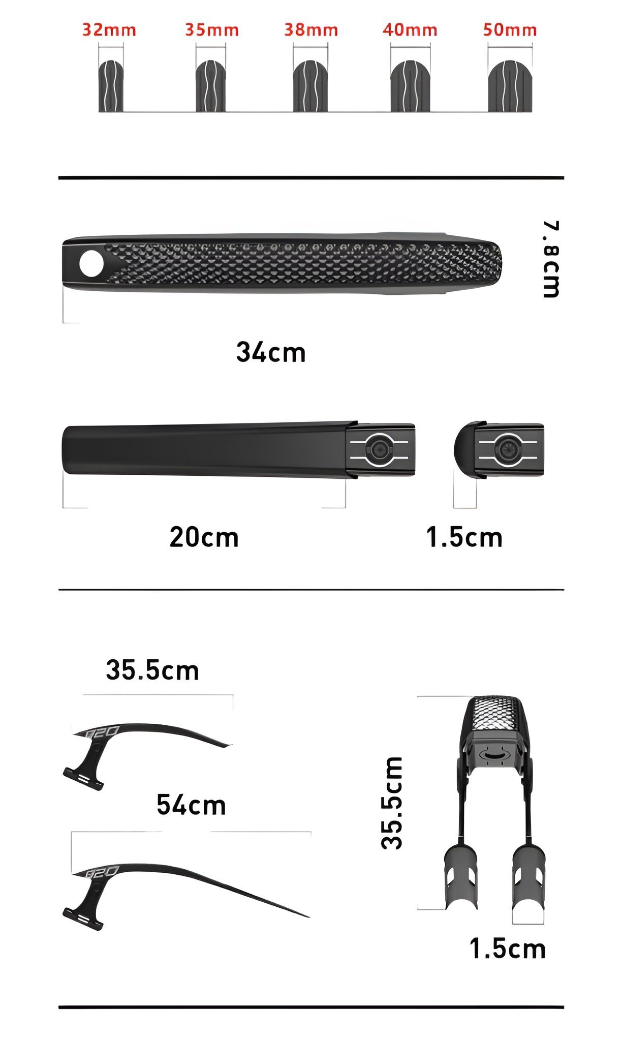 Obraz przedstawia wymiary błotnika rowerowego z zestawem montażowym, z oznaczeniami szerokości od 32 mm do 50 mm. Widoczne są różne części błotnika z podanymi długościami: 34 cm, 20 cm, 35.5 cm, 54 cm oraz szerokościami 7.8 cm i 1.5 cm.
