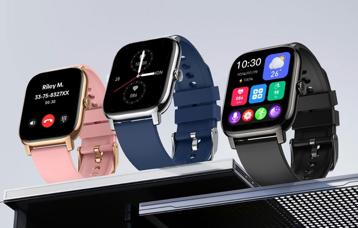 Trzy smartwatche w różnych kolorach: różowym, niebieskim i czarnym, z wyświetlonymi różnymi ekranami, w tym połączeniem telefonicznym, tarczą zegara i aplikacjami. Każdy zegarek ma prostokątną tarczę i silikonowy pasek.