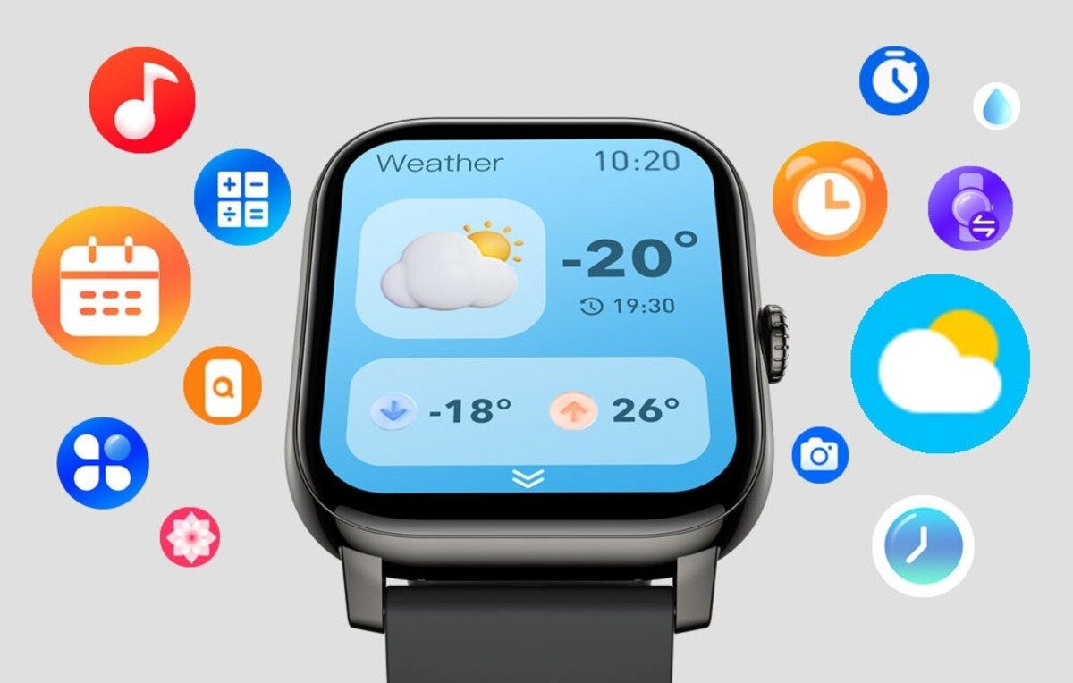 Smartwatch z wyświetlaczem pokazującym pogodę: -20 stopni, z ikoną słońca i chmurki. Wokół zegarka widoczne są kolorowe ikony aplikacji, takie jak muzyka, kalendarz i zegar.