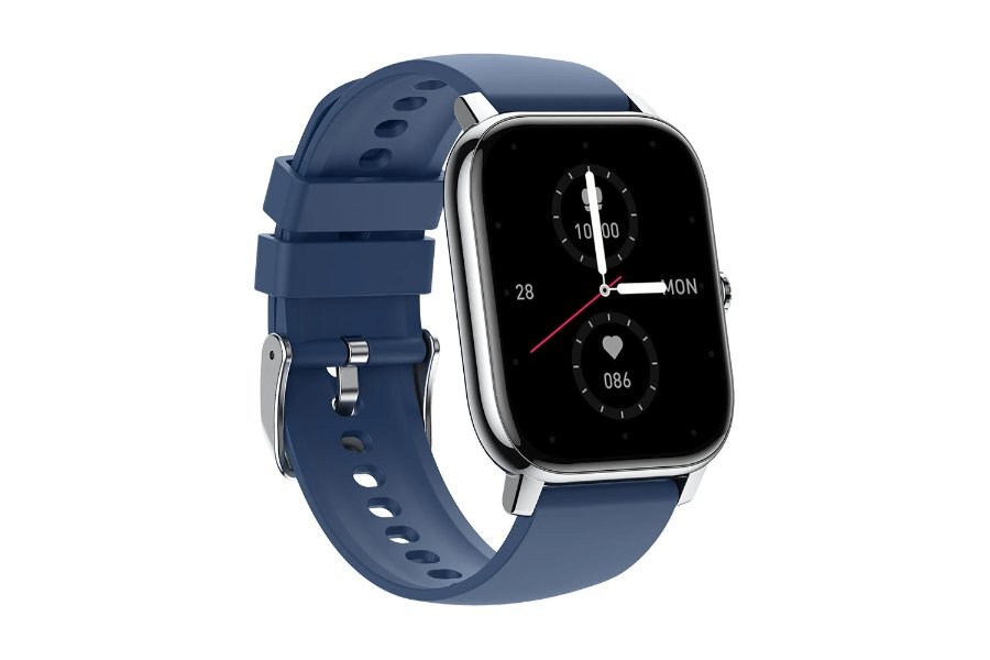 Smartwatch z prostokątną tarczą i niebieskim paskiem. Na wyświetlaczu widoczne są dwa okrągłe wskaźniki oraz cyfry 28 i 086.