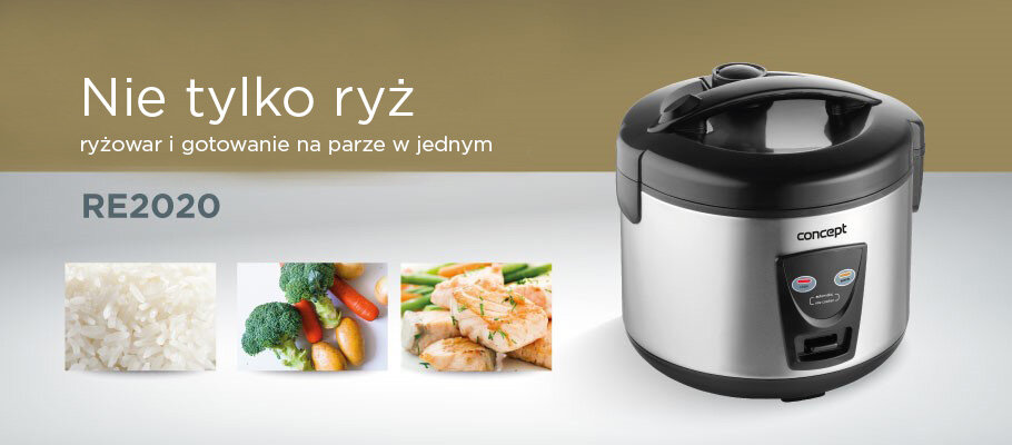 Obraz przedstawia ryżowar z logo \'concept\' oraz tekst: \'Nie tylko ryż, ryżowar i gotowanie na parze w jednym, RE2020\'. Obok ryżowaru znajdują się zdjęcia ryżu, warzyw i gotowanego mięsa.