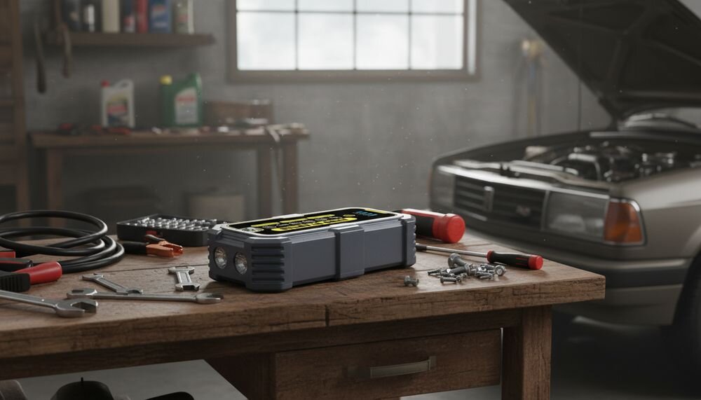 Urządzenie rozruchowe EXTRALINK Jump 1, powerbank 10 Ah i 14,8 V, dwa porty USB-A oraz port USB-C do ładowania urządzeń mobilnych, urządzenie na stole warsztatowym
