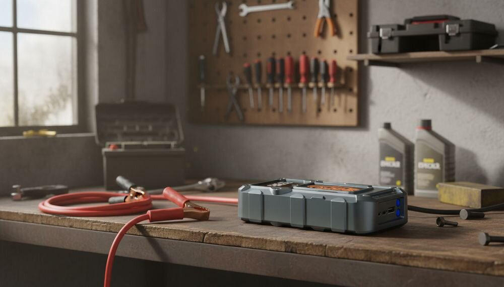 Urządzenie rozruchowe EXTRALINK Jump 34, kompaktowy jump starter i powerbank samochodowy do awaryjnego uruchamiania silnika, urządzenie leżące na stole