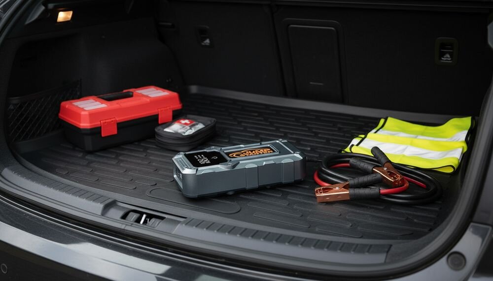 Urządzenie rozruchowe EXTRALINK Jump 34, powerbank 10 Ah i 14,8 V, jeden port USB-A oraz dwa porty USB-C do ładowania urządzeń mobilnych, urządzenie leżące w bagażniku