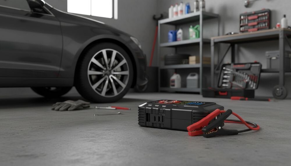 Urządzenie rozruchowe EXTRALINK MaxJump 9 Extreme, powerbank 8 Ah i 14,8 V z portem USB-A do ładowania urządzeń mobilnych, urzadzenie na podłodze