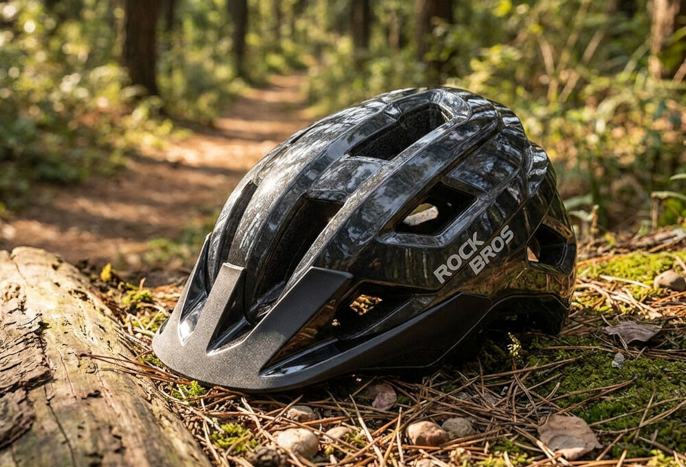Czarny kask rowerowy leży na leśnej ścieżce, otoczony zielenią i drewnem. Na kasku widoczne jest logo \'ROCK BROS\'.