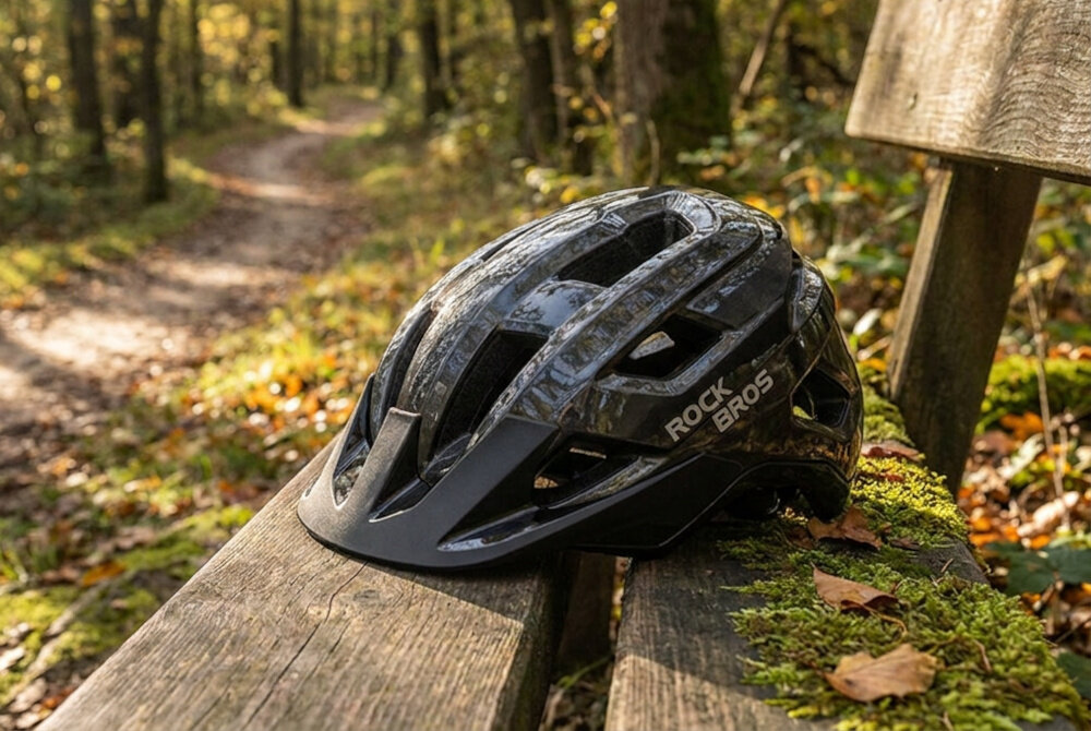 Czarny kask rowerowy z napisem \'ROCKBROS\' leży na drewnianej ławce w lesie. W tle widoczna jest ścieżka otoczona drzewami i opadłymi liśćmi.