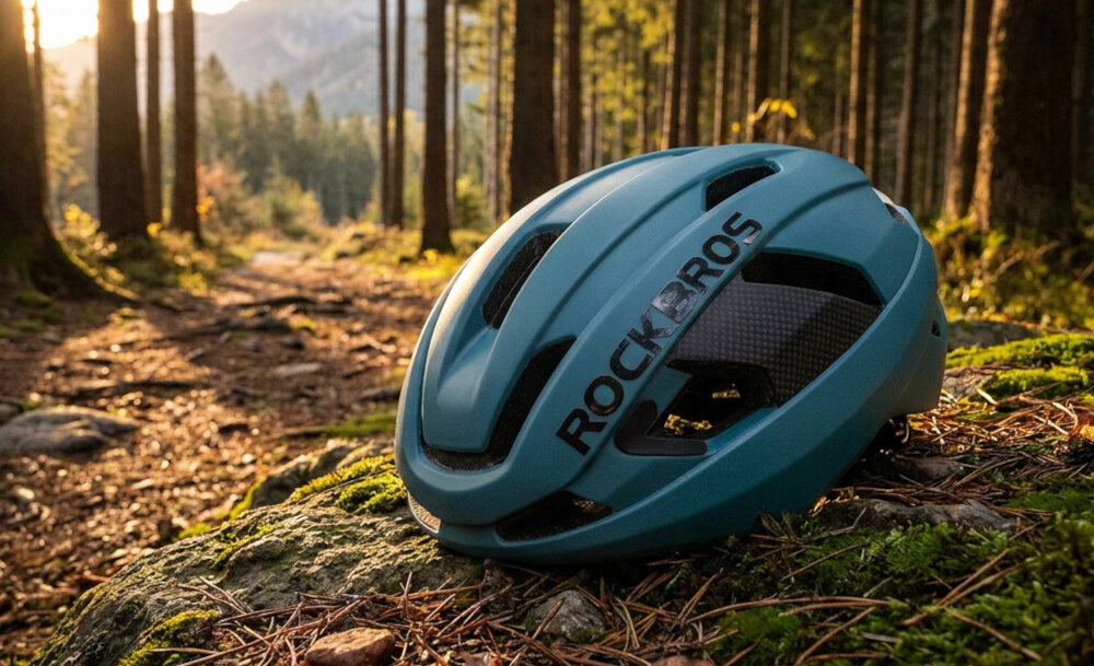 Kask rowerowy Rockbros LK-15 w kolorze jasnoniebieskm na białym tle, ujęcie z przodu i boku ukazujące otwory wentylacyjne i wstawki z włókna węglowego.