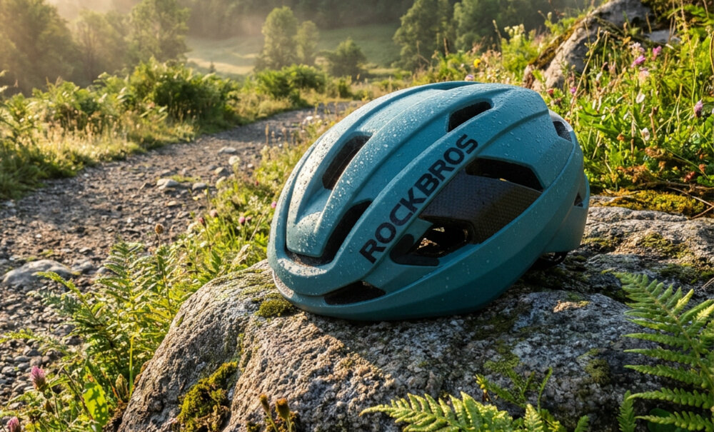 Kask rowerowy Rockbros LK-15 w kolorze jasnoniebieskm na białym tle, ujęcie z przodu i boku ukazujące otwory wentylacyjne i wstawki z włókna węglowego.