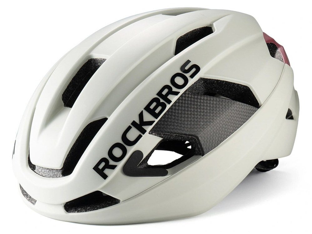 Biały kask Rockbros LK-15 widziany z góry i z tyłu z powiększonym detalem wkładki amortyzującej, ciemne tło.