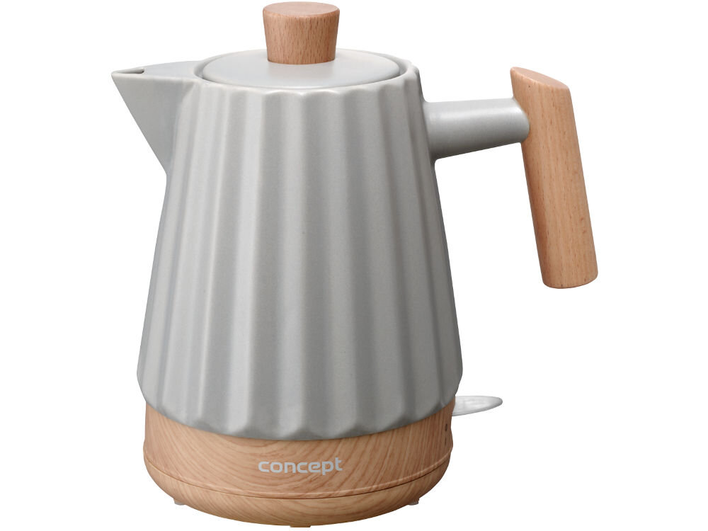 Czajnik ceramiczny w jasnoszarym kolorze z drewnianymi elementami, takimi jak uchwyt i podstawa. Na podstawie widoczne jest logo \'concept\'.