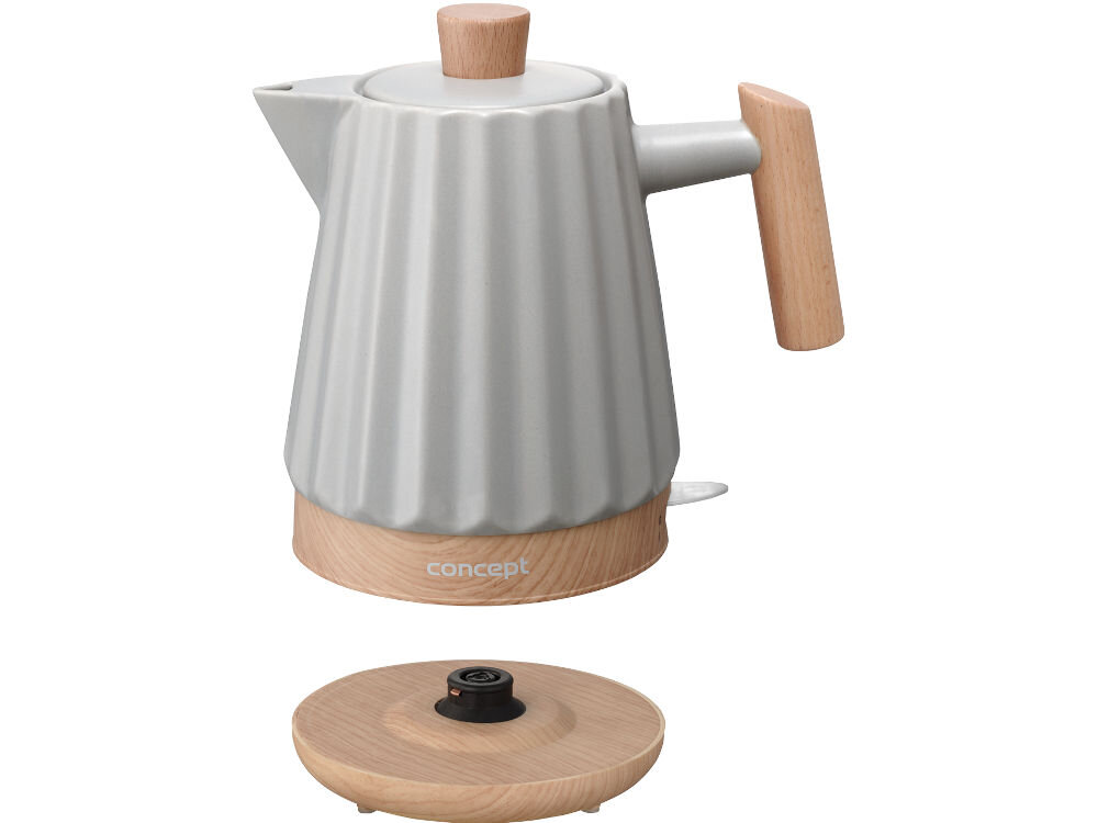 Czajnik ceramiczny w jasnoszarym kolorze z drewnianymi elementami, w tym uchwytem i podstawą. Na podstawie widoczne jest logo \'concept\'.