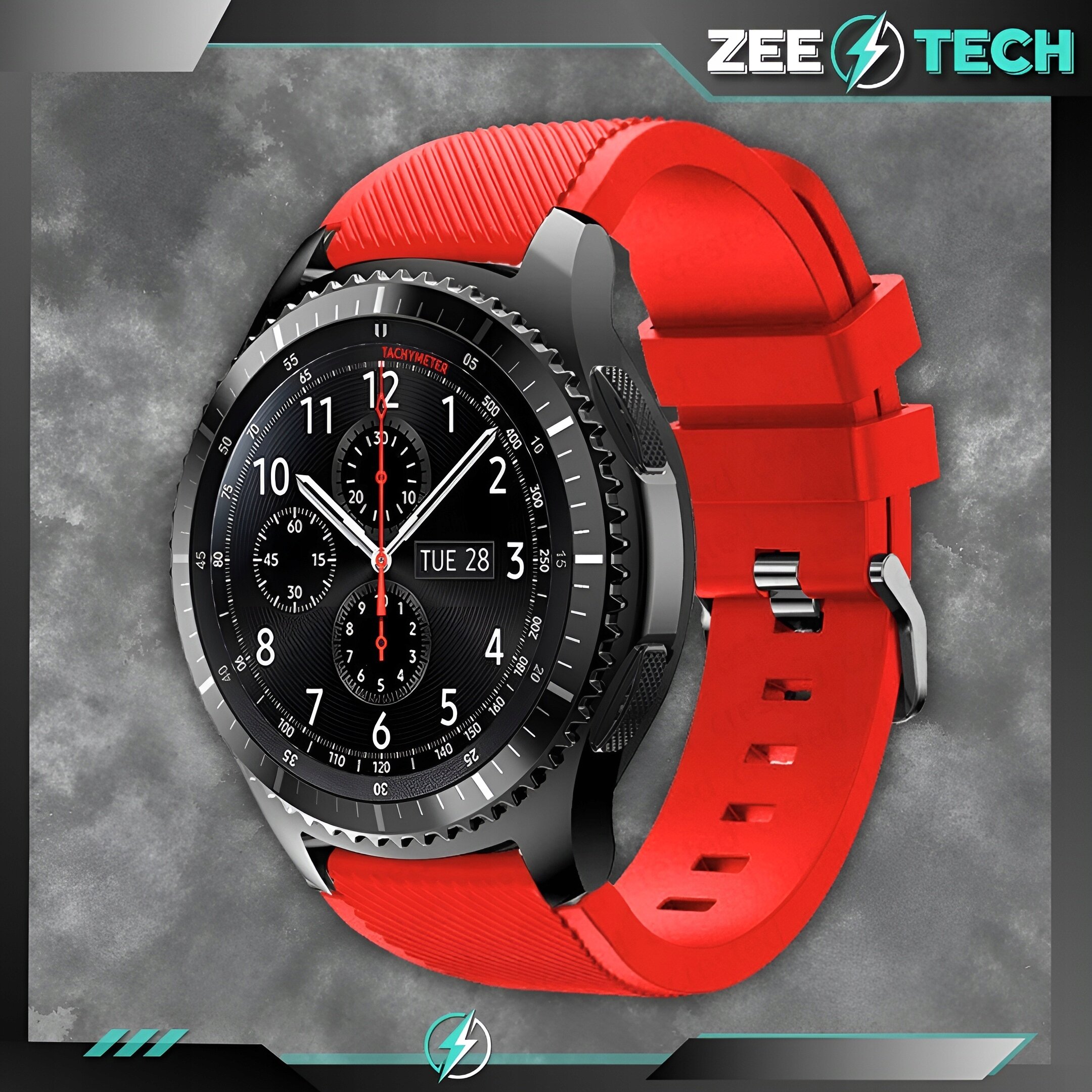 Czerwony silikonowy pasek do zegarka smartwatcha z widocznym czarnym zegarkiem o klasycznym wyglądzie z tarczą analogową. W prawym górnym rogu widoczne jest logo \'ZEETECH\'.