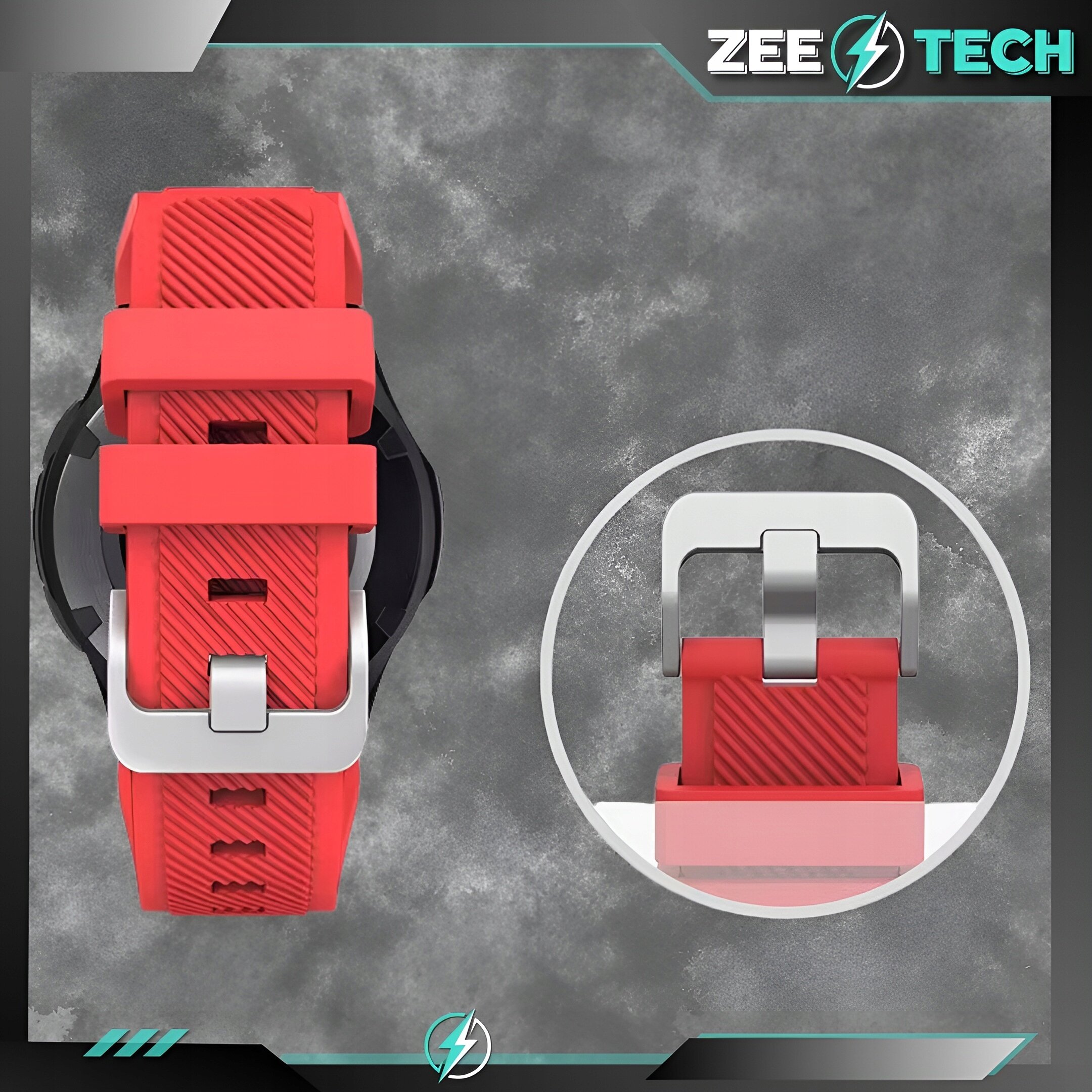 Czerwony silikonowy pasek do zegarka z metalową klamrą, widoczny na tle szarej powierzchni. Logo \'ZEETECH\' znajduje się w prawym górnym rogu.
